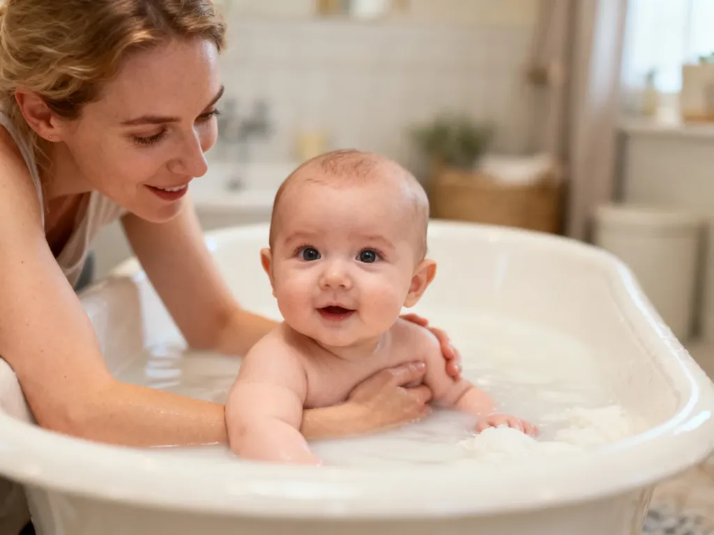 Mama delikatnie kąpie niemowlę w wannie z mętną wodą z dodatkiem krochmalu. Scena w jasnej, przytulnej łazience.