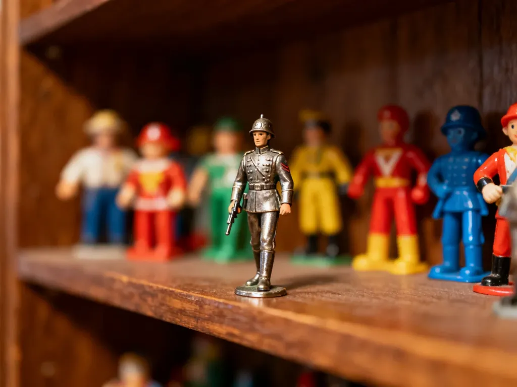Kolekcjonerska figurka ołowianego żołnierzyka na tle innych vintage zabawek z Kinder niespodzianki na drewnianej półce.