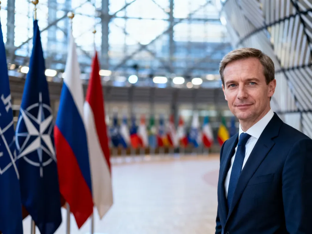 Profesjonalny mężczyzna w garniturze na tle flag państw członkowskich NATO podczas międzynarodowego szczytu.