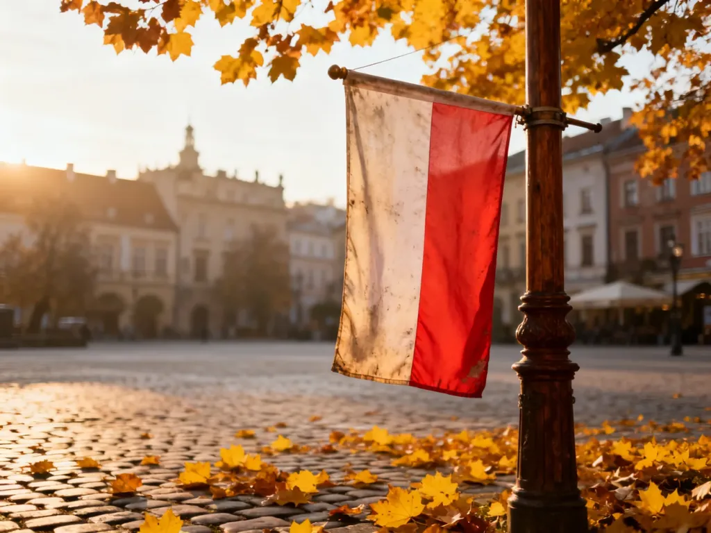Polska flaga powiewająca na tle jesiennego rynku w słoneczny poranek 11 listopada.